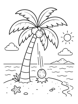 A coconut coloring page showing a coconut falling from a tall palm tree onto a sandy island beach.