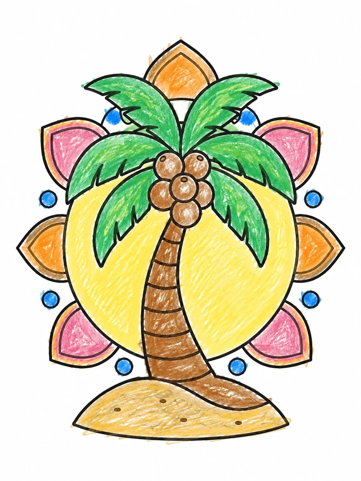 Colored example of the Coconut Palm With Mandala Pattern coloring page