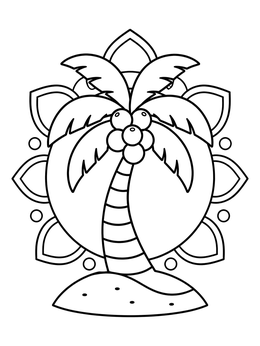 A coconut coloring page showing a palm tree with coconuts against an ornamental sun background.
