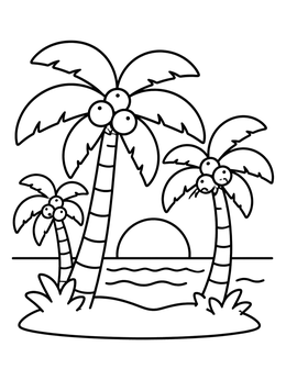 Tropical island with palm trees against a setting sun on this coconut coloring page.