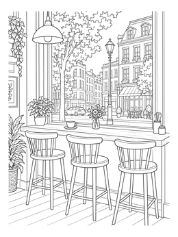 A peaceful cafe counter looking onto a city street in this coffee coloring page.