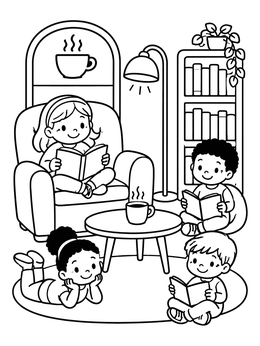 Children reading books near warm drinks in this cozy coffee coloring page.