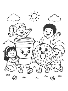 Free printable Coffee Cup And Donut With Happy Kids coloring page