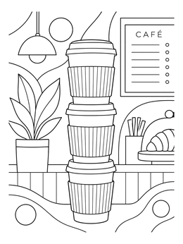 A stack of three takeout cups on a cafe counter in this cup coloring page.