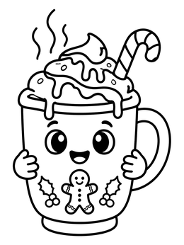 A cute cartoon coffee mug with a gingerbread print on this sweet coffee coloring page.