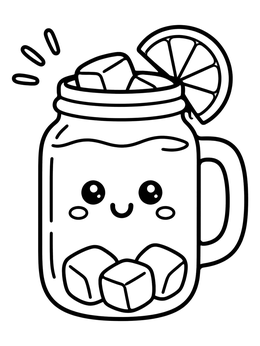 A smiling mason jar mug with ice and lemon in this coffee coloring page.