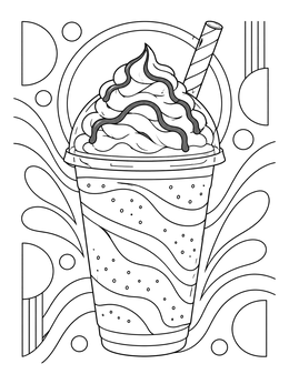 A sweet blended drink in this detailed coffee coloring page with whipped cream and abstract shapes.