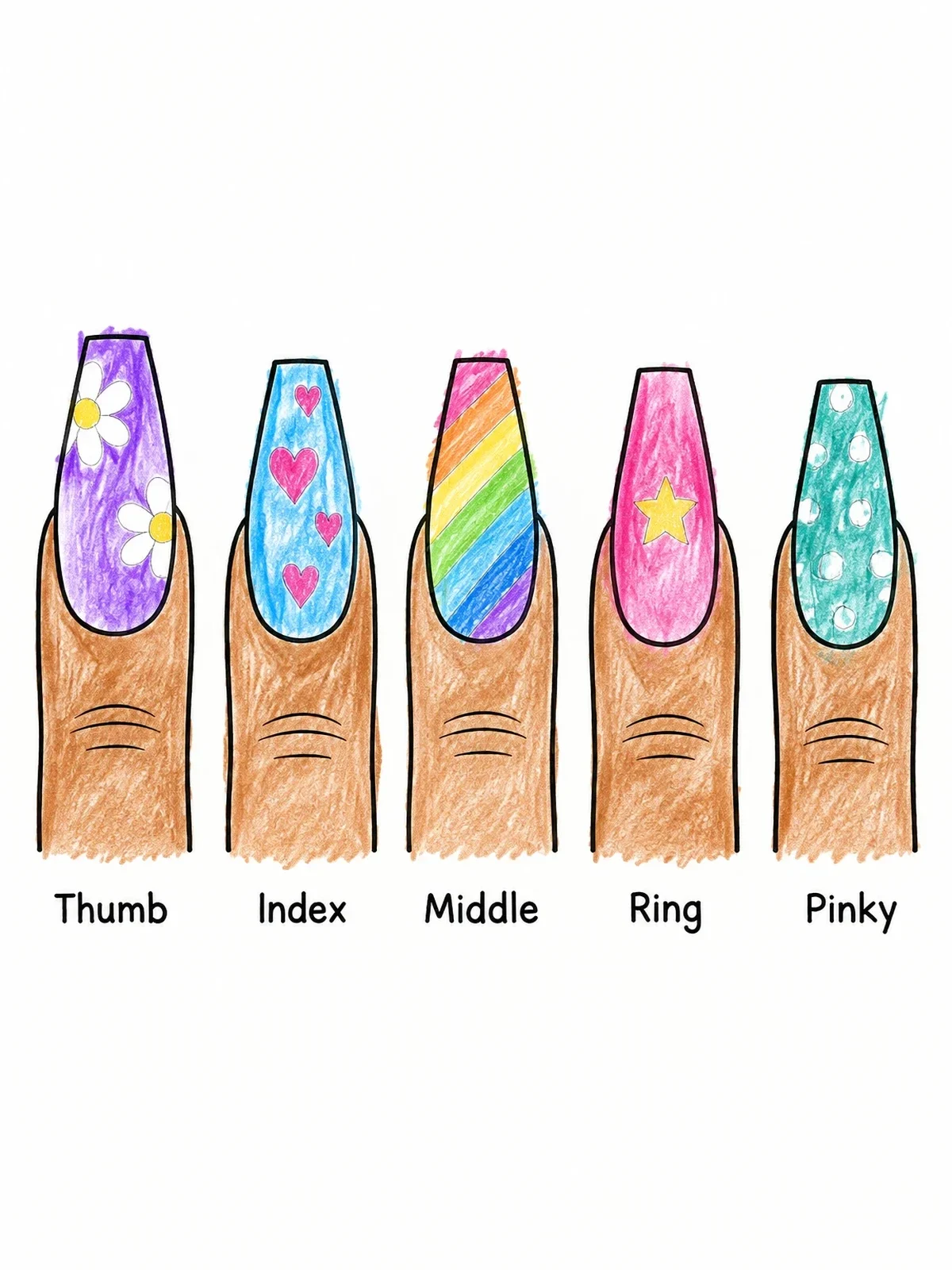 Colored example of the Coffin Nails Manicure Template coloring page