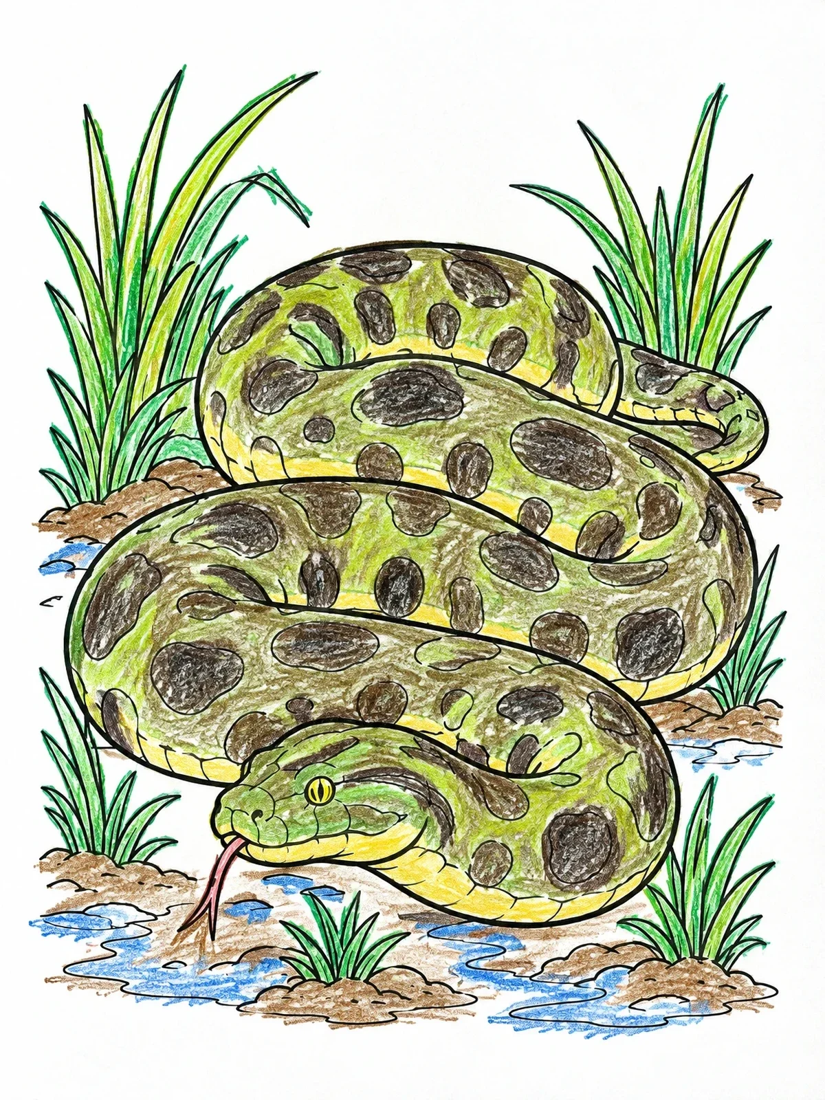 Colored example of the Coiled Anaconda In Swamp Grass coloring page