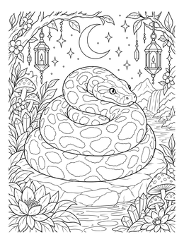 Free printable Coiled Anaconda In Magical Night Forest coloring page