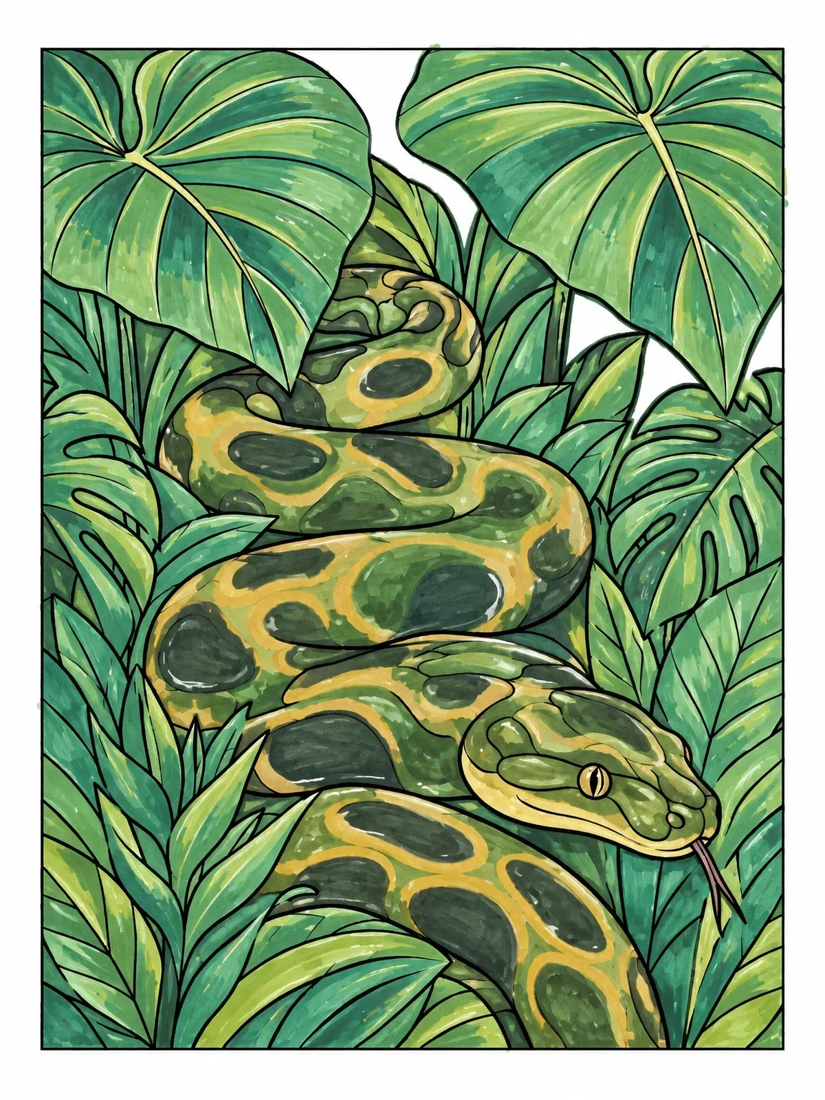 Colored example of the Coiled Anaconda In Tropical Leaves coloring page