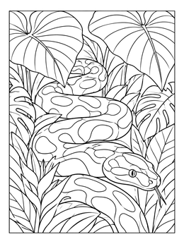 Free printable Coiled Anaconda In Tropical Leaves coloring page