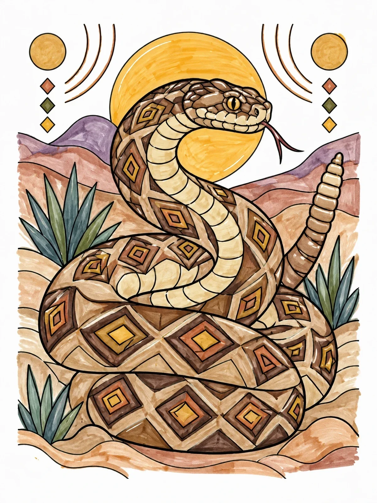 Colored example of the Coiled Diamondback Rattlesnake In Desert coloring page