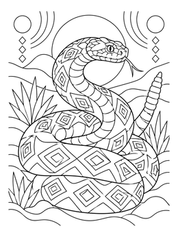 Detailed snake resting on this arizona coloring page with desert scenery.