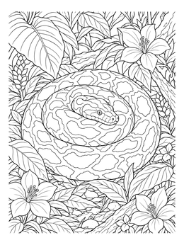 A detailed burmese python coloring page showing the snake coiled among lush tropical leaves and flowers.
