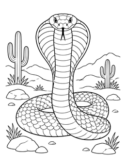A detailed cobra coloring page showing a hooded snake resting coiled among desert cacti.