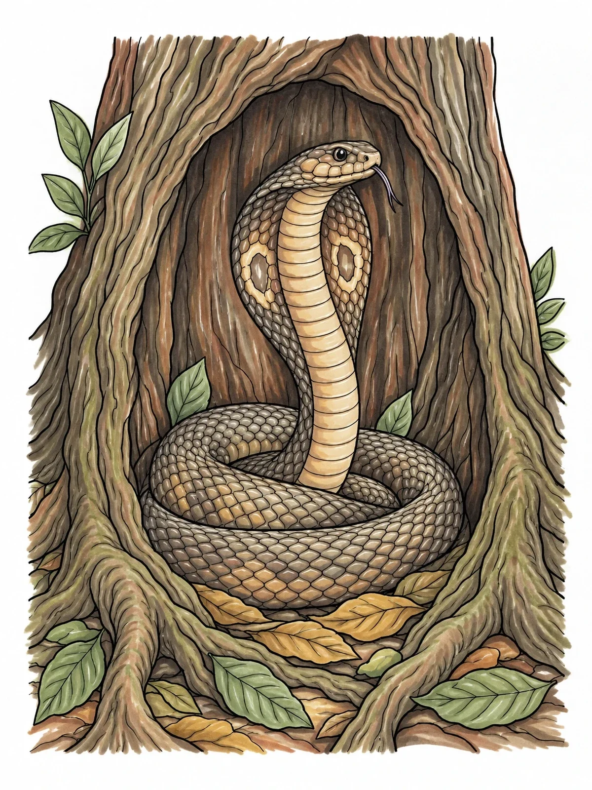 Colored example of the Coiled Cobra In Hollow Tree coloring page