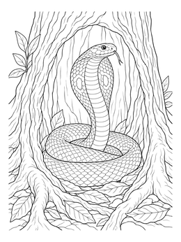 A detailed cobra coloring page showing a serpent coiled inside a hollow tree trunk.