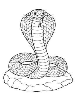 Detailed cobra coloring page showing a hooded snake coiled neatly on a stone slab.