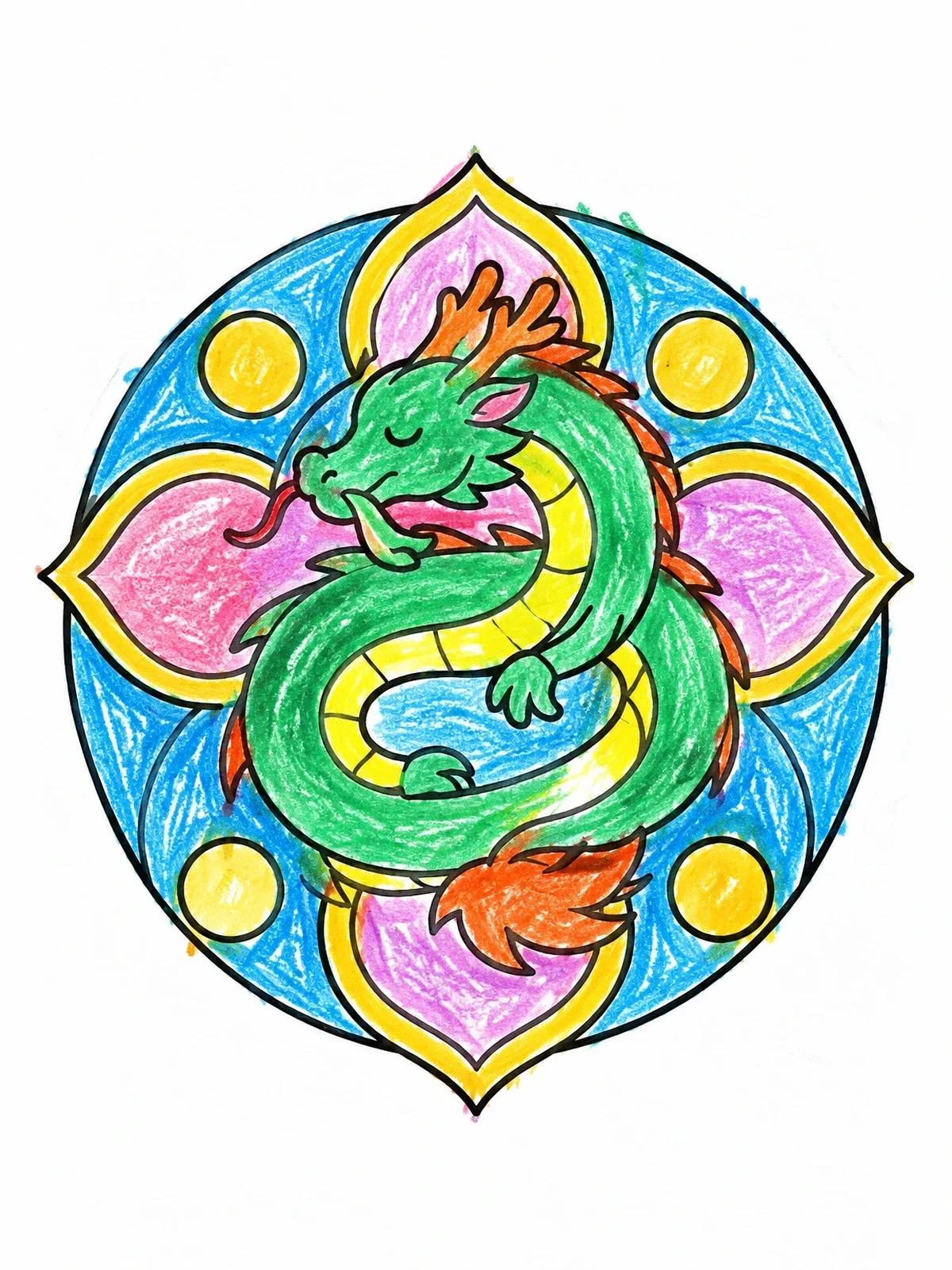Colored example of the Coiled Eastern Dragon Mandala coloring page
