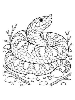 A coiled snake coloring page showing a hognose snake resting among smooth pebbles and twigs.