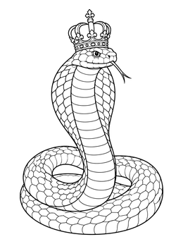 A coiled serpent wearing an ornate crown in this king cobra coloring page.