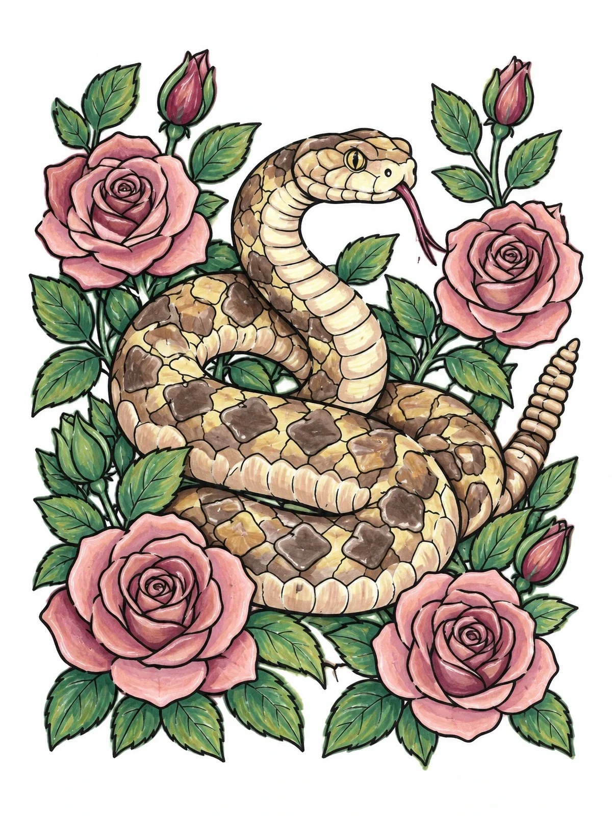 Colored example of the Coiled Rattlesnake And Blooming Roses coloring page