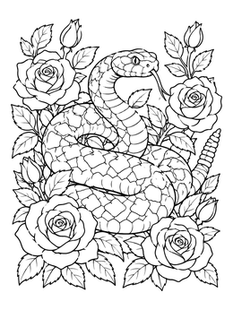 A coiled rattlesnake surrounded by blooming flowers in this rose tattoo coloring page.