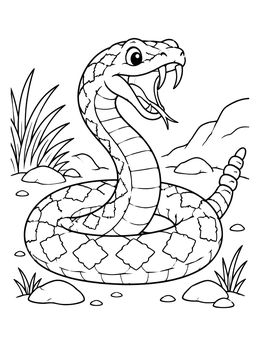 A coiled rattlesnake showing sharp fangs in this snake coloring page.