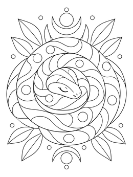 A serene snake coloring page featuring a sleeping serpent coiled tightly within botanical motifs.