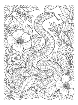 Detailed snake coloring page surrounded by blooming flowers and leaves.