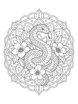 An intricate snake coloring page featuring a serpent framed by flowers and mandala patterns.