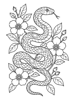A patterned serpent winds through blooming wild roses on this snake coloring page.