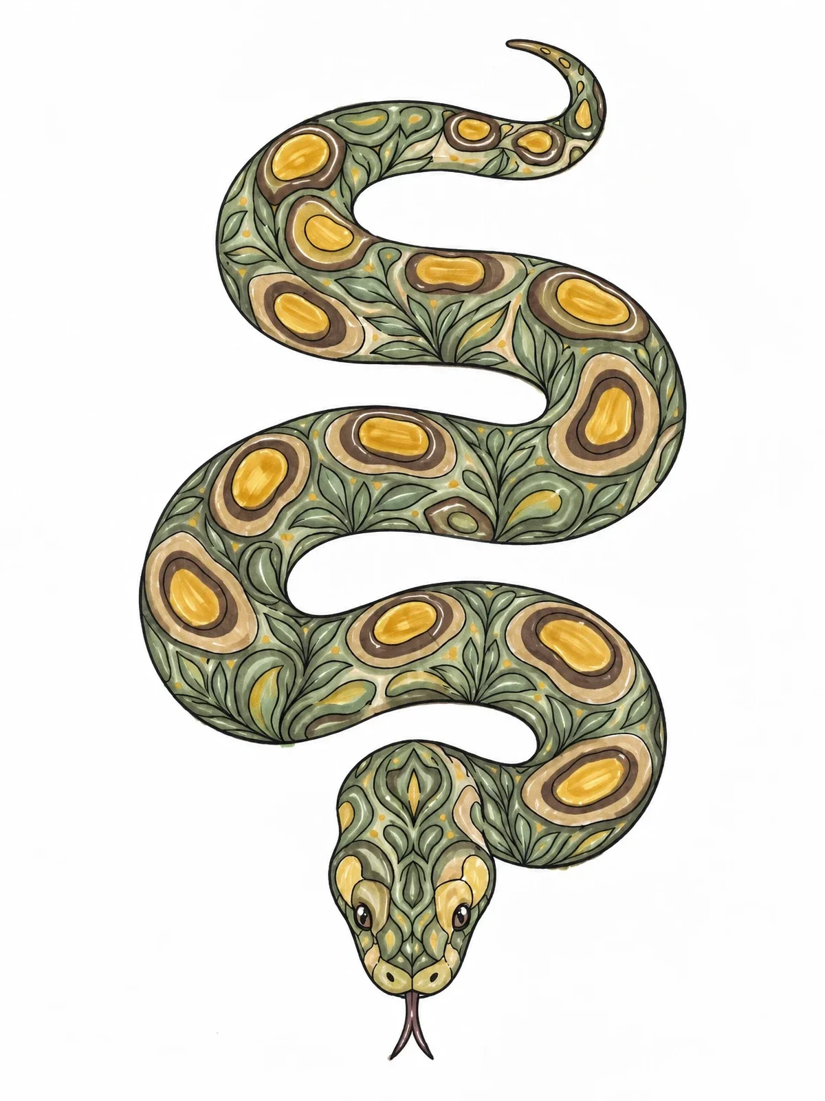 Colored example of the Coiling Anaconda With Detailed Patterns coloring page