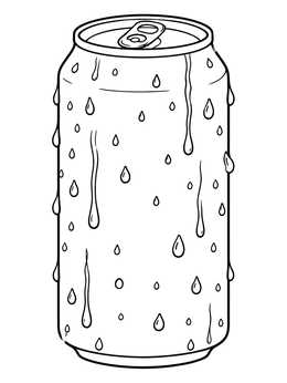 Refreshing soda coloring page with an unopened chilled drink can covered in droplets.