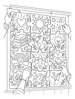 Hands pinning puzzle pieces with doodle art onto a board mural coloring page.