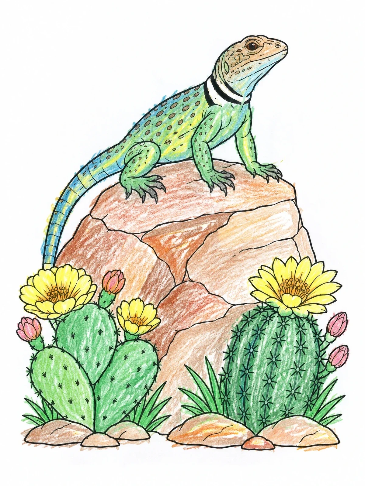 Colored example of the Collared Lizard On Desert Rock coloring page