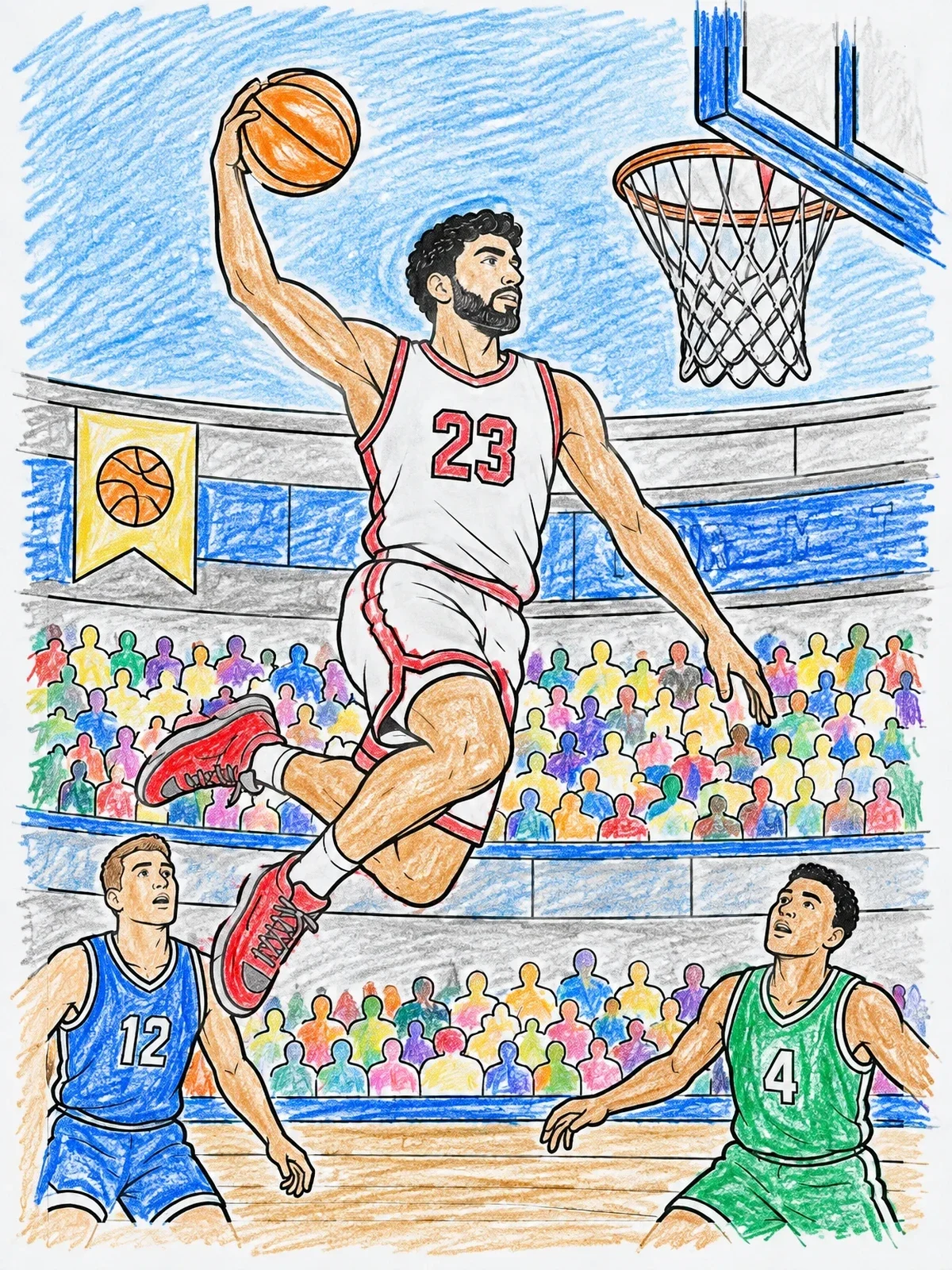 Colored example of the College Basketball Slam Dunk Action coloring page