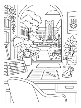 A peaceful study desk overlooking a campus courtyard in this college coloring page.