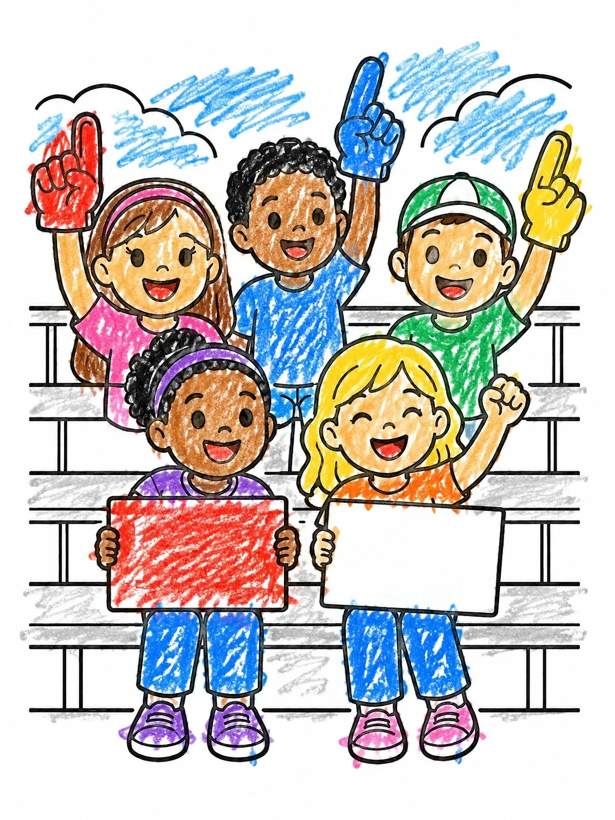 Colored example of the Cheerful Fans In The Stadium Bleachers coloring page