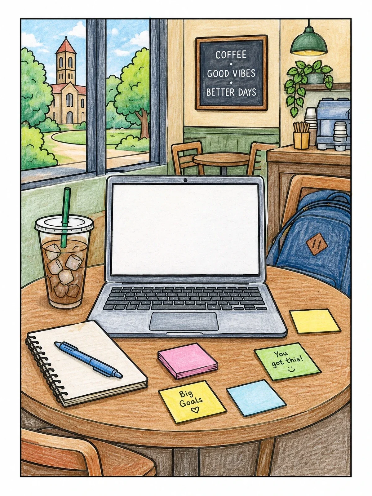 Colored example of the Cozy Campus Coffee Shop Study Table coloring page