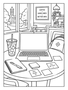 Free printable Cozy Campus Coffee Shop Study Table coloring page