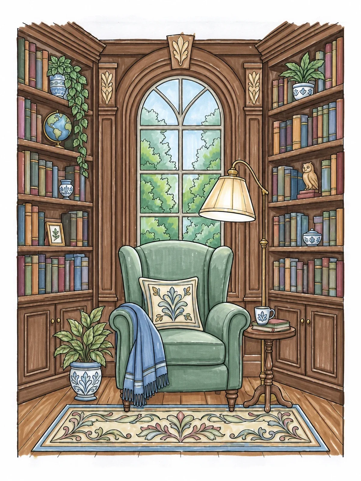 Colored example of the Cozy Campus Library Reading Nook coloring page