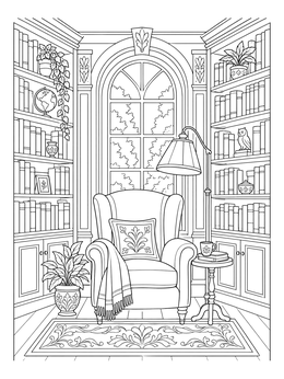 A cozy armchair nestled between tall bookshelves in this college coloring page.