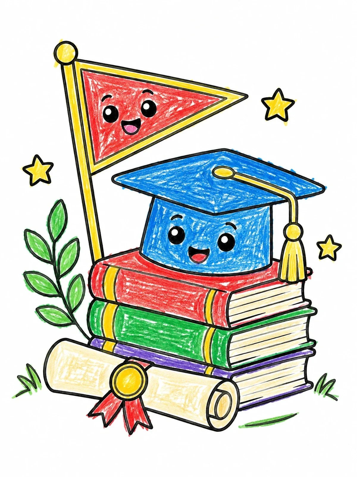 Colored example of the Cute Graduation Cap And Books coloring page