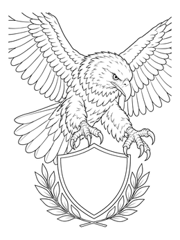 A powerful college coloring page featuring an eagle mascot swooping over an athletic crest shield.