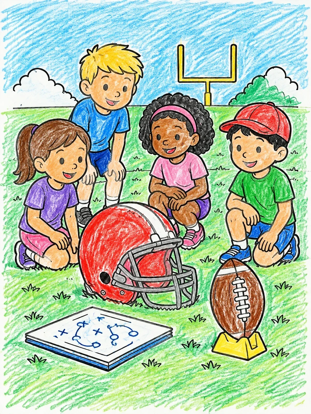 Colored example of the Kids Examining Football Gear On The Field coloring page