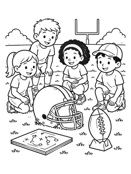 Free printable Kids Examining Football Gear On The Field coloring page