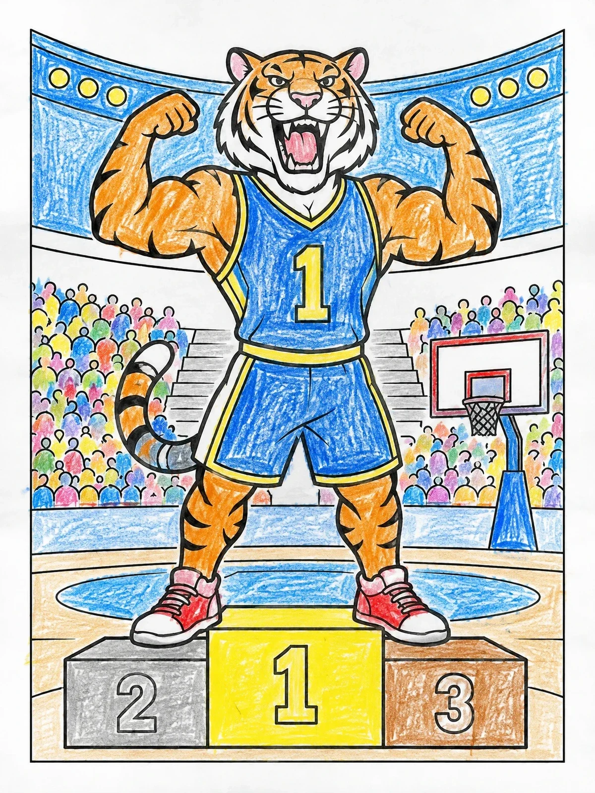 Colored example of the Tiger Mascot On Winner Podium coloring page