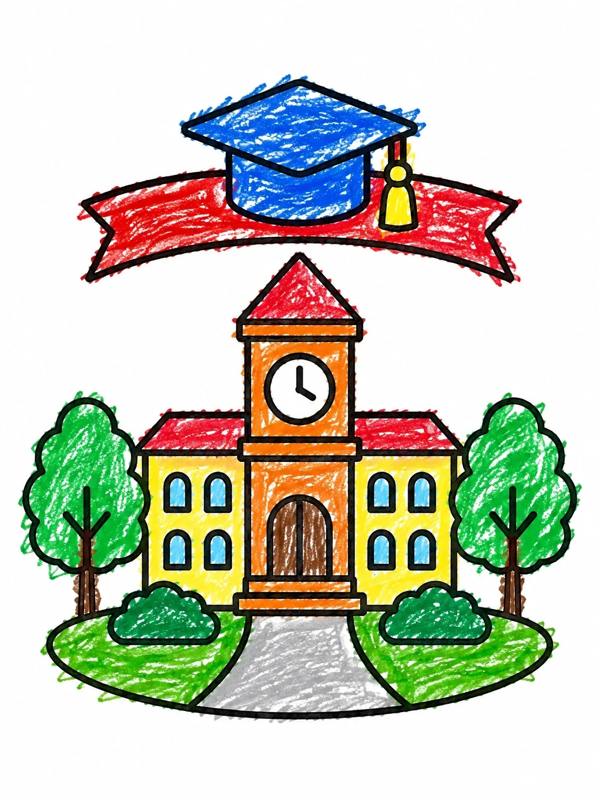 Colored example of the University Building With Graduation Cap coloring page